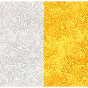 May include: A seamless pattern featuring a swirling design of white dots on a light gray background and a swirling design of yellow dots on a yellow background.