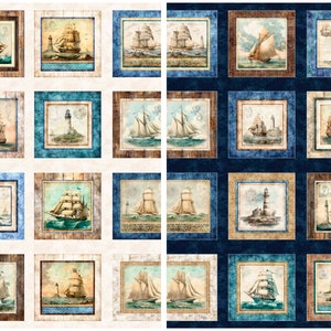 May include: A fabric panel featuring nautical-themed squares. Each square showcases vintage illustrations of sailing ships and lighthouses in shades of blue, beige, and brown. The squares are framed with wood-look or blue borders.