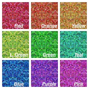 May include: A digital illustration of nine squares, each filled with a different color of small circles. The colors are red, orange, yellow, light green, green, teal, blue, purple, and pink. The colors are labeled below each square.