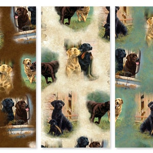 May include: A seamless pattern featuring Labrador Retrievers in various poses, including a black Labrador with a puppy, a yellow Labrador with a puppy, and a chocolate Labrador. The dogs are set against a backdrop of a rustic barn and green grass.