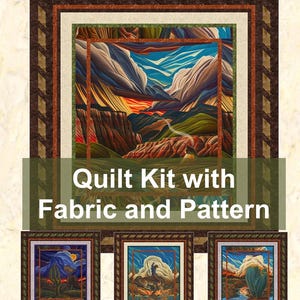 May include: A quilt kit with fabric and pattern featuring a landscape design. The main image shows a colorful canyon scene with a sunset. Below are three smaller images with desert landscape art.