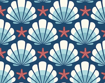 Starfish Shell Organic Cotton Fabric, Ocean Motion 227850 RouCouCou Cloud9 Quilt Weight FQ Fat Quarter BTY By Yard Precuts Beach Tote Sea