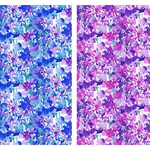 May include: Two seamless patterns featuring watercolor floral designs. The first pattern is in shades of blue, purple, and green. The second pattern is in shades of pink, purple, and green.