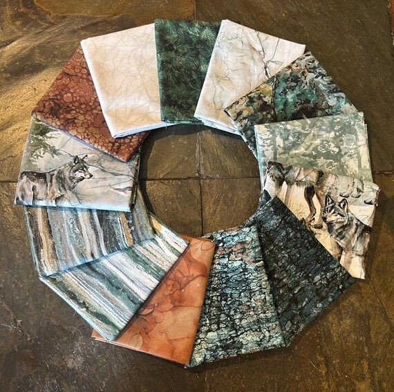 13 pc Lone Wolf Fat Quarter Bundle w/Optional Panel, Melanie Samra Deborah Edwards Northcott, Full Collection Nature Forest Cabin FQ Precuts