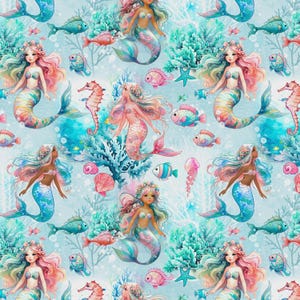 Underwater Mermaids Fabric, Timeless Treasures CD2852, FQ Fat Quarter By Yard BTY Precuts Fantasy Under the Sea Ocean Beachy Beach Mermaid