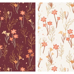 May include: Two floral patterns. One features a burgundy background with peach and yellow flowers, gold-colored leaves, and white speckles. The other has a cream background with similar flowers and leaves. Both patterns are detailed and delicate.