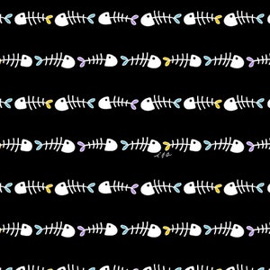 May include: A repeating pattern of white fish skeletons on a black background. Each skeleton has a white head and a colorful tail fin in shades of yellow, blue, and purple. The design is simple and graphic.