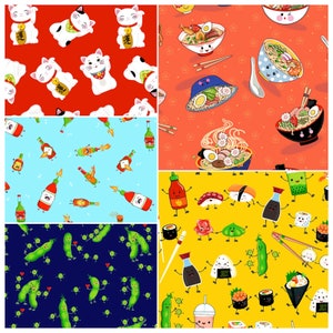Lollie Snacks Cotton Fabric Freckle and Lollie Chinese Lunar New Year- By The Yard FQ Fat Quarter Eighth BTY Small Miniature Print Sushi