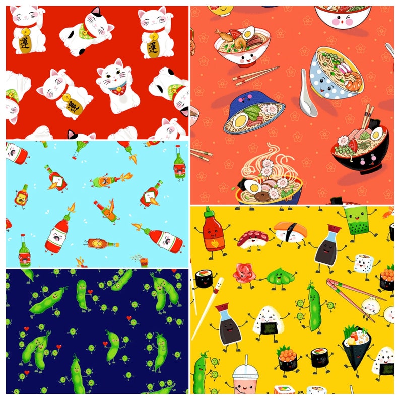 May include: A digital collage of four different patterns featuring Japanese-inspired food and characters. The top left pattern features red lucky cat figurines. The top right pattern features bowls of ramen with various toppings. The bottom left pattern features cartoon hot sauce bottles. The bottom right pattern features cartoon sushi, soy sauce bottles, and edamame.