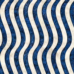 May include: Abstract seamless pattern with wavy white and blue stripes. The blue stripes are filled with a blue and white floral pattern.