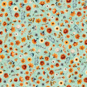 May include: A repeating pattern of various orange and cream-colored flowers interspersed with small grey-blue sprigs and leaves set against a textured light mint green background. The floral design features diverse blossoms in shades of rust and gold.