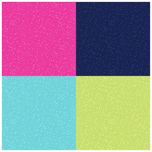 May include: A square image divided into four sections, each with a different color and texture. The top left section is hot pink with white speckles, the top right section is dark blue with white speckles, the bottom left section is light blue with white speckles, and the bottom right section is light green with white speckles.