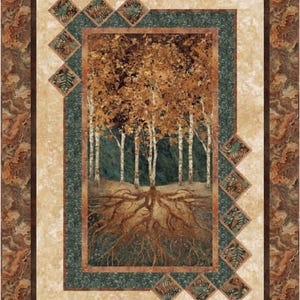 May include: A quilted wall hanging featuring a landscape scene of birch trees with exposed roots. The central image is framed by a green border, a cream-colored border, and a brown patterned border. Decorative diamond shapes with fern patterns are in the corners.