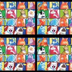 May include: A colorful pattern featuring a grid of cat portraits. Each cat is depicted in a square with a different color background, showcasing various breeds and expressions. The cats are painted in vibrant hues, creating a playful and eye-catching design.