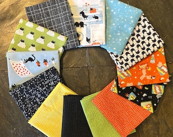 13 pc Cats in the Laundry Fat Quarter Bundle W/ Optional 24" Panel, Leezaworks, Dear Stella, Nigel Cute Black cat, Gift for Kitty Lover Pet