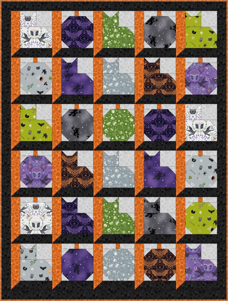 May include: A quilt with a Halloween theme featuring a repeating pattern of black cats with different designs. The quilt is made up of 25 squares with an orange border and black background.