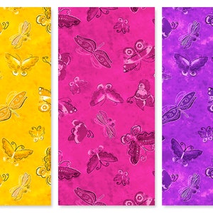 May include: Three fabric swatches with a repeating pattern of stylized butterflies in yellow, pink, and purple.