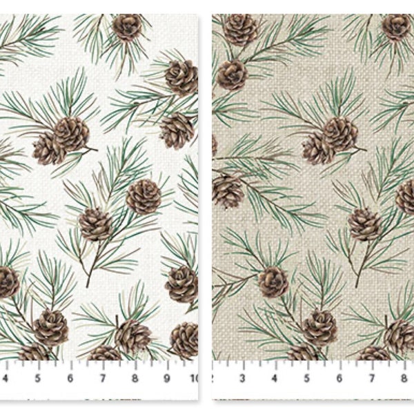 Pine Cones Cotton Fabric, White Linen Christmas Northcott 25430 Neutral Holiday Winter Decor FQ Fat Quarter Eighth BTY by the yard blender