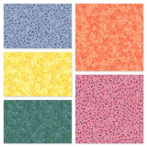 May include: Four seamless patterns featuring a repeating design of small, stylized flowers and leaves in various colors. The patterns are in shades of blue, orange, yellow, green, and pink.