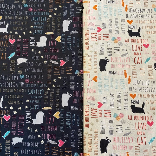 Word Toss Cotton Fabric, Purrfect Partners 68562-198 68562-992 Anne Rowan Wilmington FQ Fat Quarter Half by the yard kitty cat lover blender