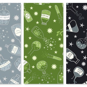 May include: Three seamless patterns featuring various potion bottles with labels and stars on a green, blue, and black background.
