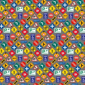 May include: A repeating pattern of various road signs on a gray background. Signs include "STOP", "PARKING", "DIP", and directional arrows. The signs are in red, yellow, blue, green, and white.