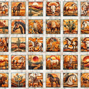 May include: A fabric panel featuring a grid of thirty square illustrations depicting Western desert scenes, including horses, cowboys, bison, eagles, cacti, and animal skulls, rendered in warm orange, brown, and yellow tones with a sun motif.