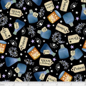 Potion Toss Cotton Fabric, Practical Magic 5363 PB Textiles FQ Fat Quarter Eighth By the Yard BTY Haunted House Witch Witchy Spell Cauldron