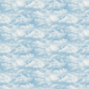 May include: A seamless pattern of white fluffy clouds against a light blue sky.