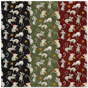 May include: A fabric pattern featuring light gray mice in various poses, some wearing red Santa hats, interspersed with small yellow stars. The background is divided into vertical stripes of black, olive green, and deep red, repeating the design.
