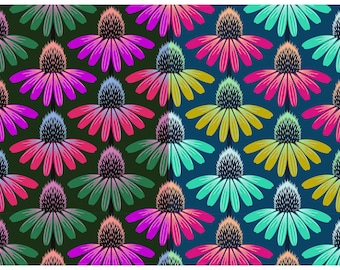 Echinacea Rhythm Cotton Fabric, Perennial Borders AMT136, Northcott Anna Maria Parry, FQ Fat Quarter BTY By Yard Precuts Boho Coneflower