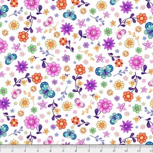 May include: A white fabric with a colorful floral and butterfly pattern. The design features pink, orange, yellow, purple, and green flowers, along with blue butterflies and small stars. The fabric has a whimsical, cheerful aesthetic.