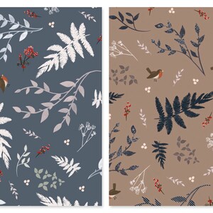 May include: Two seamless patterns featuring botanical designs. One has a navy blue background with white and light gray leaves, red berries, and a small bird. The other has a tan background with dark blue leaves, red berries, and a small bird.