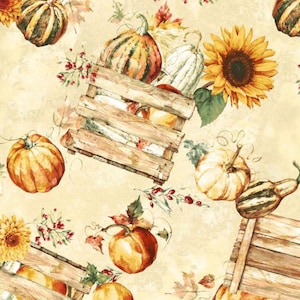May include: A beige fabric with a repeating pattern of pumpkins, gourds, sunflowers, and wooden crates. The pattern is in a watercolor style with a vintage feel. The text "Tossed Autumn Crates 7249-33" and "8" Repeat" is at the bottom of the image.