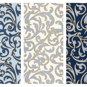 May include: Three different patterns of blue and gold floral wallpaper. The first pattern has a light blue background with a dark blue floral design. The second pattern has a white background with a light blue floral design. The third pattern has a dark blue background with a light blue floral design.