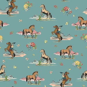 May include: A repeating pattern on a teal background features brown horses, cacti, and pink mountains. Some horses rear up, while others stand. Small bouquets of flowers and a cowgirl on a horse are also included in the design.