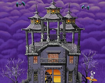 May include: A Halloween-themed illustration featuring a haunted house, bats, a full moon, jack-o'-lanterns, a ghost, a black cat, and a skeleton. The house is dark gray with orange-lit windows, set against a purple sky with fluffy clouds.