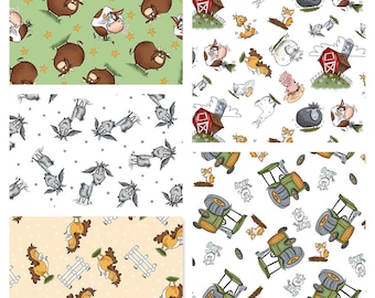 Farm Animals Allover Tossed quilt Cotton Fabric Farmyard Tails Studio E Nursery cow horse goat tractor FQ Fat Quarter Eighth BTY by the yard