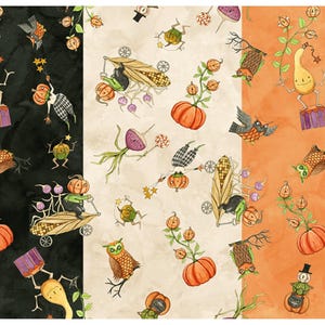 May include: A whimsical Halloween-themed pattern featuring various characters and objects. The design includes pumpkins, owls, and other creatures, set against black, cream, and orange backgrounds. The illustrations have a hand-drawn, watercolor style.
