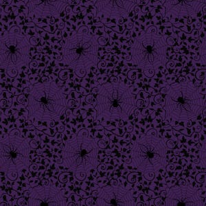 May include: A seamless pattern featuring black spiderwebs and spiders on a dark purple background. The pattern is perfect for Halloween decorations or fabric.
