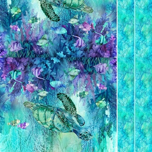 May include: A fabric panel with an underwater scene featuring sea turtles, colorful fish, and coral in shades of blue, green, and purple. The design includes a tote bag mockup with the same aquatic theme.