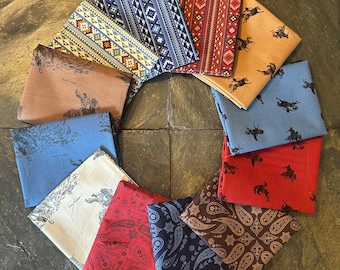 12 pc Back of the Chutes Fat Quarter Bundle, FQ Precuts, Hugh Cabot III Riley Blake Cotton Fabric, Western Rodeo Cowboy Ranch Wrangler Decor
