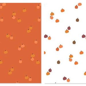 May include: Two seamless patterns featuring orange pumpkins on a background of orange and white. The first pattern has a solid orange background with orange pumpkins of varying sizes. The second pattern has a white background with orange and brown pumpkins of varying sizes.