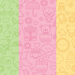 May include: A repeating pattern of cute, cartoon-style illustrations in three vertical columns. The designs include teddy bears, bunnies, suns, stars, houses, and flowers. The color scheme is green, pink, and yellow with white outlines.