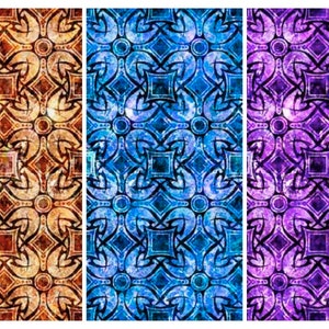 May include: Three patterned tiles with intricate designs in shades of brown, blue, and purple. The tiles have a distressed, aged look, giving them a vintage feel.