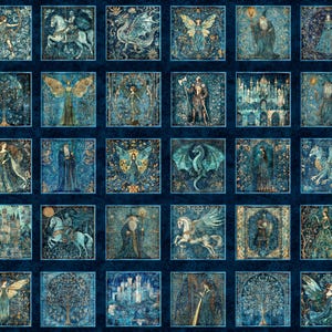 May include: A fabric panel featuring a repeating pattern of fantasy-themed illustrations. The artwork includes images of dragons, wizards, angels, castles, and mythical creatures in shades of blue, gold, and teal. The overall design has a vintage, storybook aesthetic.