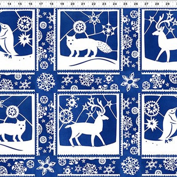 Blue Paper Cuts Cotton Fabric Snowy Christmas Holiday Winter, 15.75x43" Repeating blocks Julie Paschkis In The Beginning, Sold by the repeat