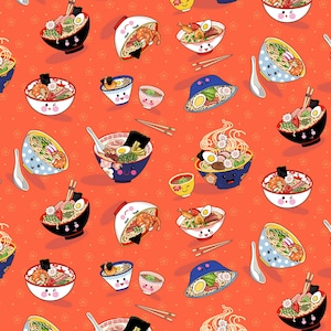 May include: A seamless pattern featuring various bowls of ramen with different toppings, including shrimp, eggs, and vegetables. The bowls are decorated with cute faces and are set against a bright orange background with small white flowers.