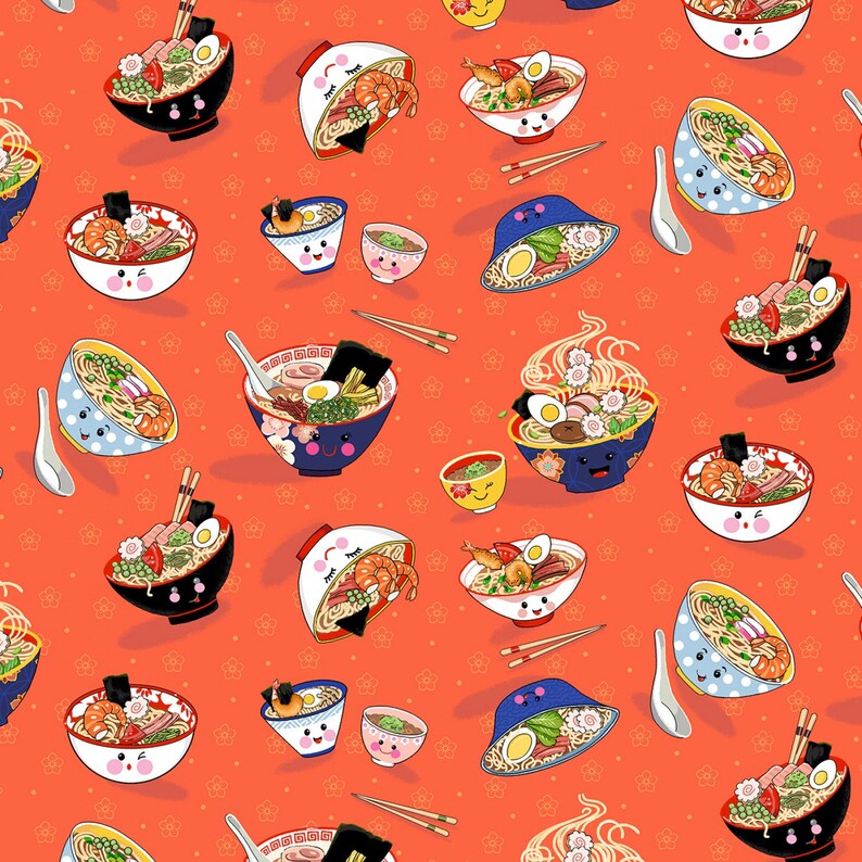 May include: A seamless pattern featuring various bowls of ramen with different toppings, including shrimp, eggs, and vegetables. The bowls are decorated with cute faces and are set against a bright orange background with small white flowers.