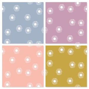 May include: Four seamless patterns with white sunburst designs on different colored backgrounds. The backgrounds are light blue, light purple, light pink, and mustard yellow.